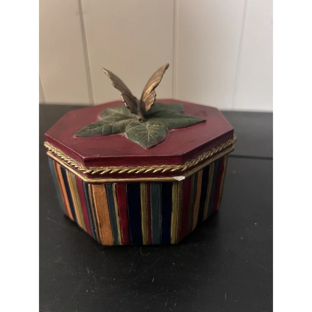 Decorative Hand Painted Butterfly Trinket Box Red Multicolor Striped Gold Trim